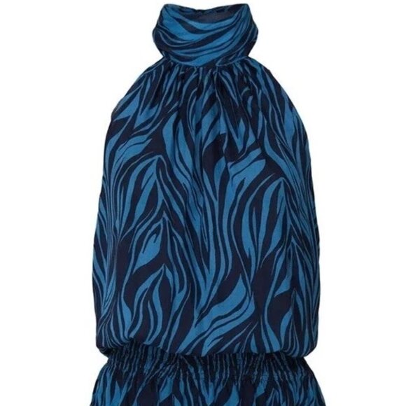 NWT Ramy Brook Zebra Print Silk Halter Mini Dress Blue L Resort Party - Picture 5 of 10